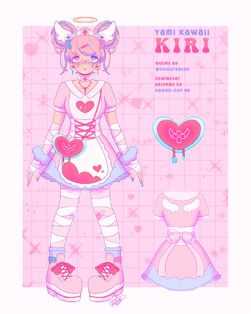 Yami Kawaii Kiri: My Entry for Kawaii Con's art contest where we had to design an outfit based on yami kawaii aesthetics for Kiri. I went for a nurse outfit, incorporating Kiri's cloud and angel motifs. Won 2nd place.