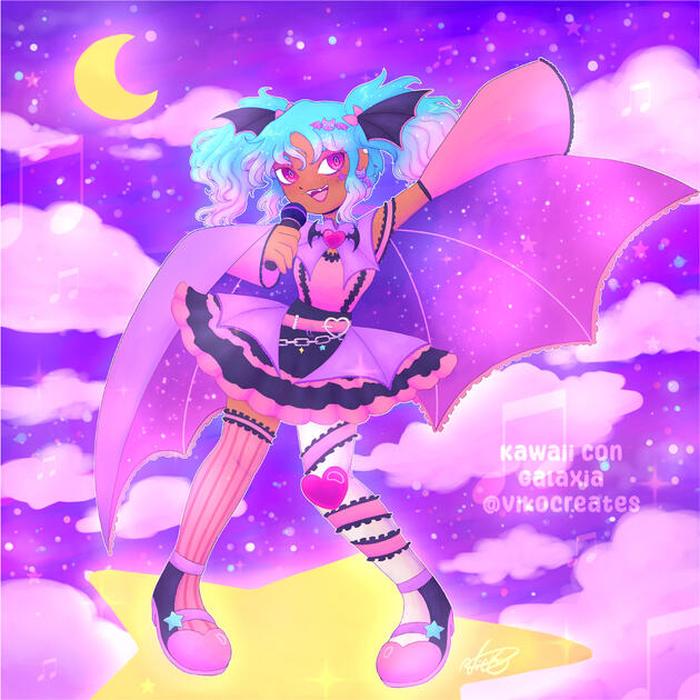 My entry for Kawaii con's art contest where we had to draw Galaxia in a pastel goth outfit. I was inspired by pastel goth aesthetics and jirai kei. I figured her bat motif would pair well with a vampiric theme. I like the bat wing cape the most.
